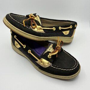 SPERRY Top Sider Angelfish Black Gold Metallic Women 7 Coastal Nautical Sparkly!